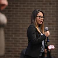 Capstone student Alyssa Evangelista fields questions from the judges
